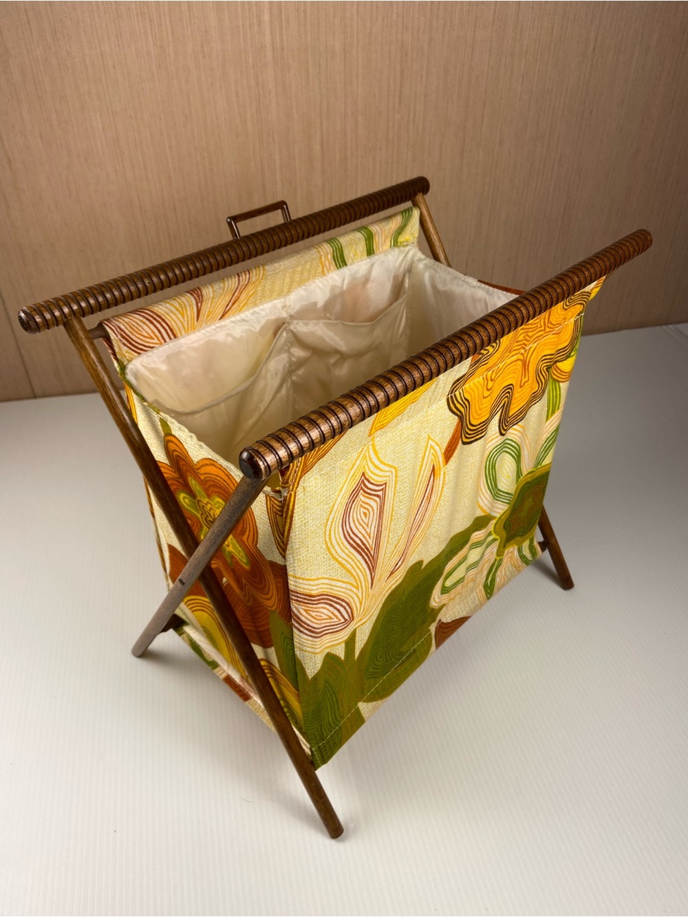Vintage MCM Folding Magazine Rack Knitting Sewing Basket Mod Floral Wood Stand